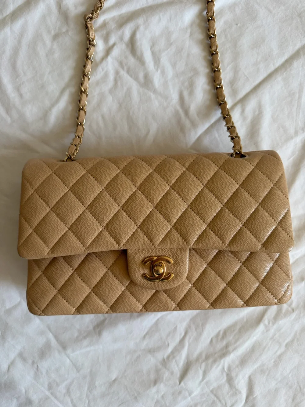 CHANEL Beige Quilted Medium Double Flap Bag with Gold Hardware